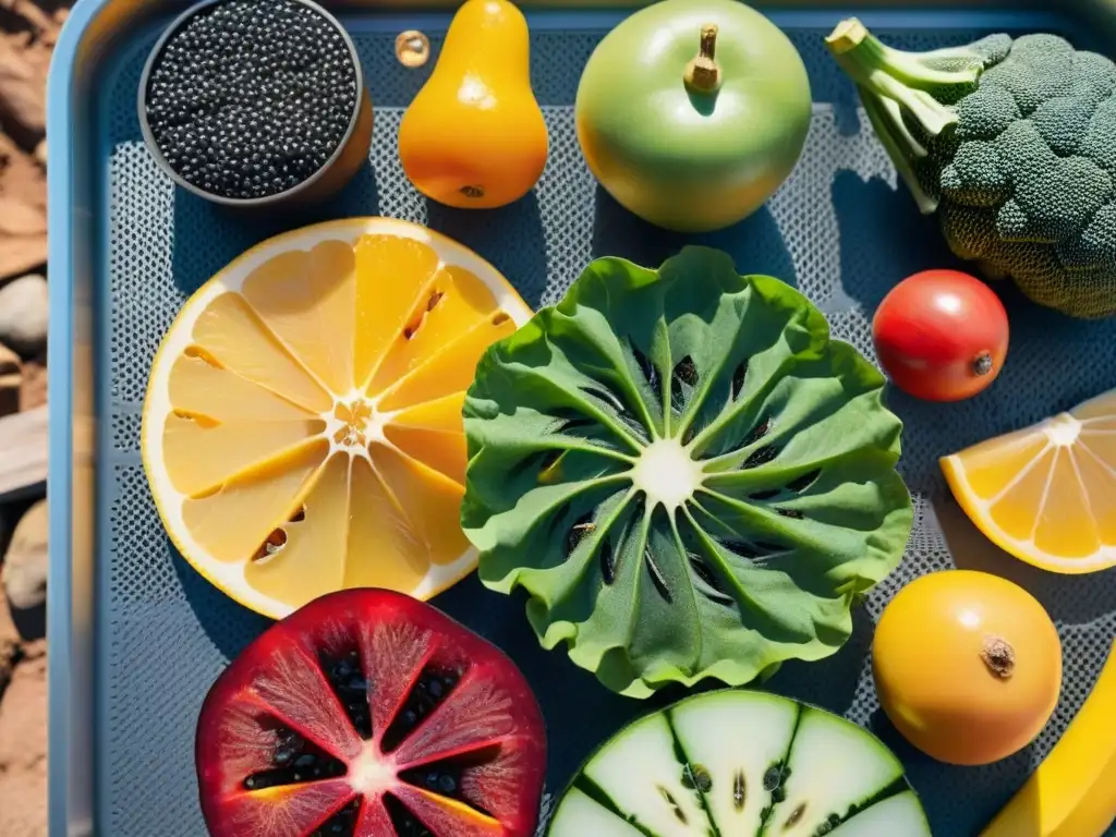 Proceso de deshidratación solar: ¡Snacks eco en camping!</b> Deliciosos snacks deshidratados para camping ecológicos en proceso, con frutas y verduras coloridas al sol