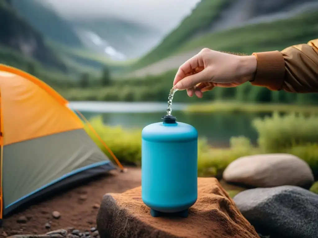 Pureza cristalina: filtración de agua en camping idílico Depuración de agua en camping: Detalle de filtro portátil purificando agua en entorno natural de acampada