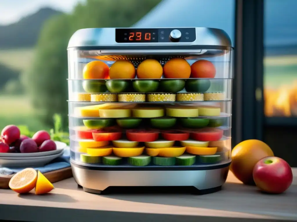 Deshidratador de alimentos en acción: camping en Uruguay Deshidratador de alimentos en acción con frutas y verduras en bandejas, ideal para acampar en Uruguay