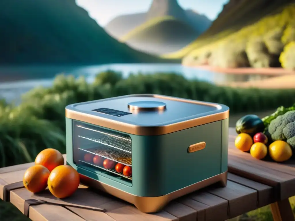 Deshidratador de alimentos en campamento en Uruguay Deshidratador de alimentos en uso en camping en Uruguay con frutas y verduras frescas listas para secar, bajo la cálida luz matutina