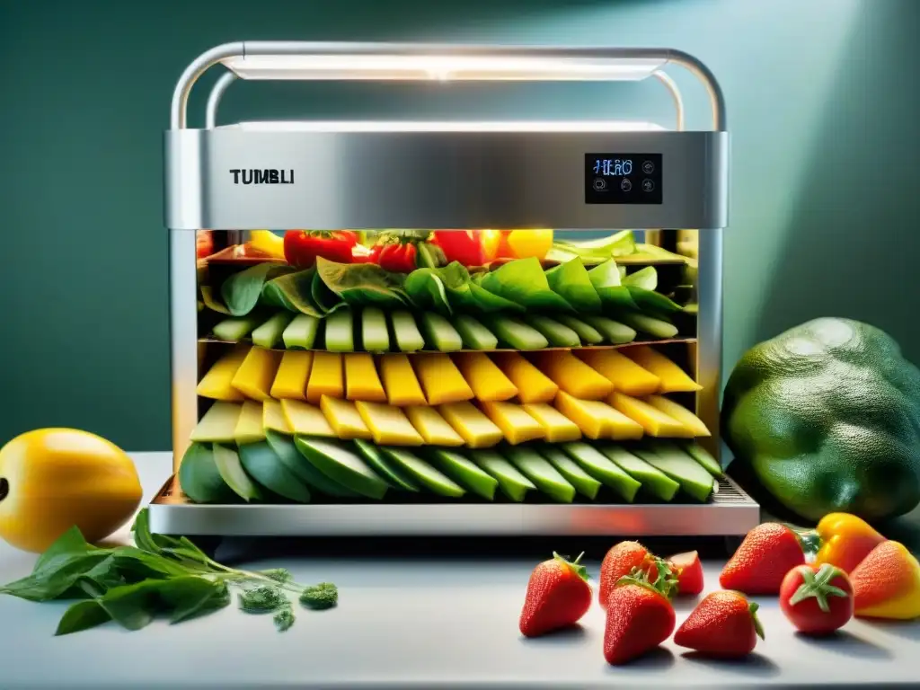 Desecación de frutas y verduras: proceso detallado Deshidratador de frutas y verduras para camping en detalle con mango, fresas y pimientos