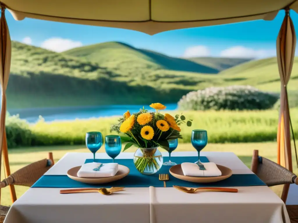 Experiencia de glamping de lujo en Uruguay Un deslumbrante montaje de glamping de lujo en Uruguay con mobiliario elegante bajo el cielo azul