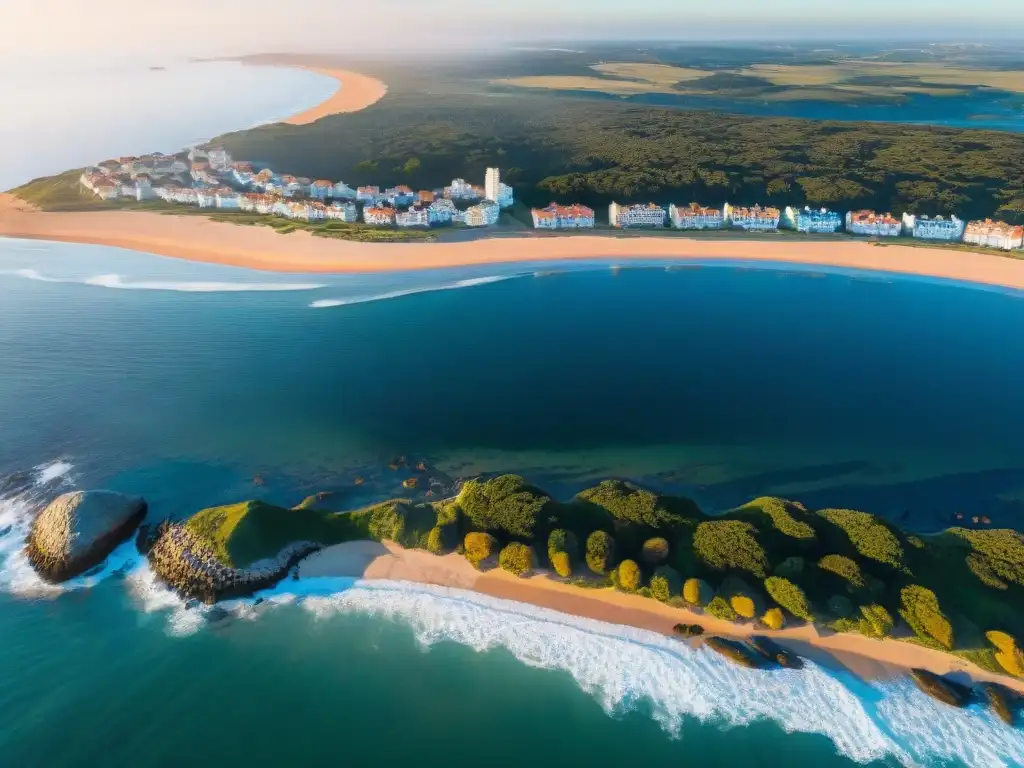 Deslumbrante vista aérea de Punta del Este al amanecer en Uruguay, capturada por un dron