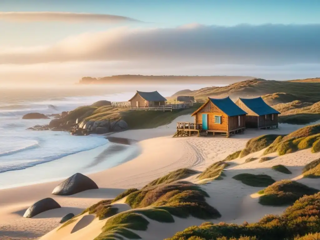 Cabins rústicas y caballos salvajes en Cabo Polonio, Uruguay Destinos de aventura en Uruguay: Cabañas rústicas en Cabo Polonio con caballos salvajes y el Atlántico de fondo, bañados por la cálida luz matutina