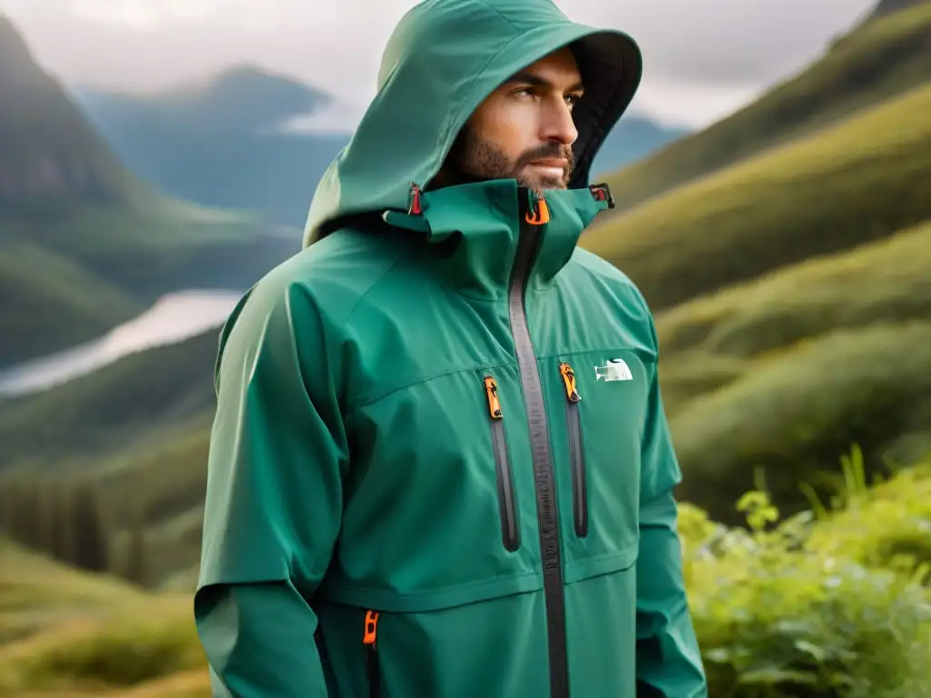 Chaqueta de camping de alta gama: ¡Calidad y resistencia para aventuras al aire libre! Detallada chaqueta de camping de calidad con costuras intrincadas, cremalleras resistentes y puños ajustables, en un bosque verde y soleado