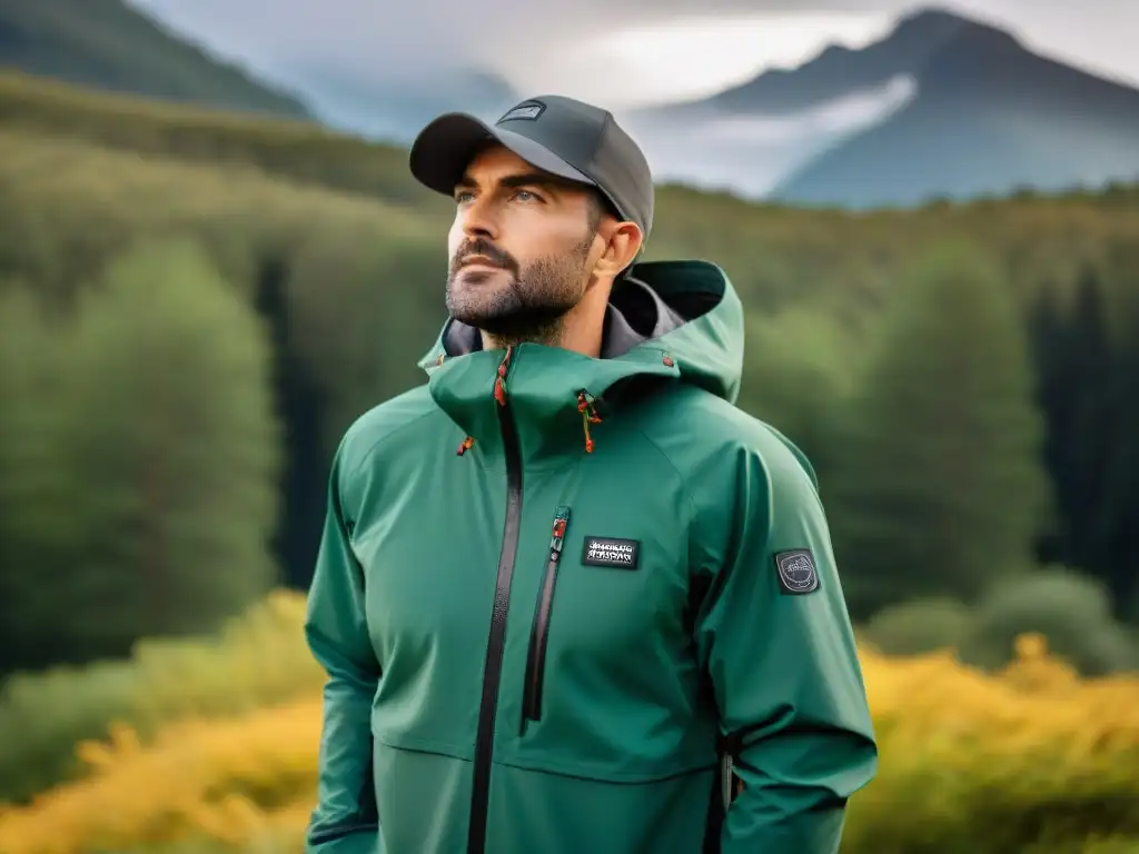 Chaqueta de camping resistente y funcional en bosque verde Detallada chaqueta de camping de calidad en un bosque verde exuberante