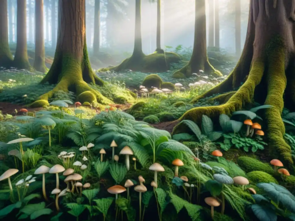 Detalle exuberante del suelo del bosque: vida en plenitud Detallada imagen de un exuberante suelo de bosque, con flora y fauna en un ecosistema vibrante