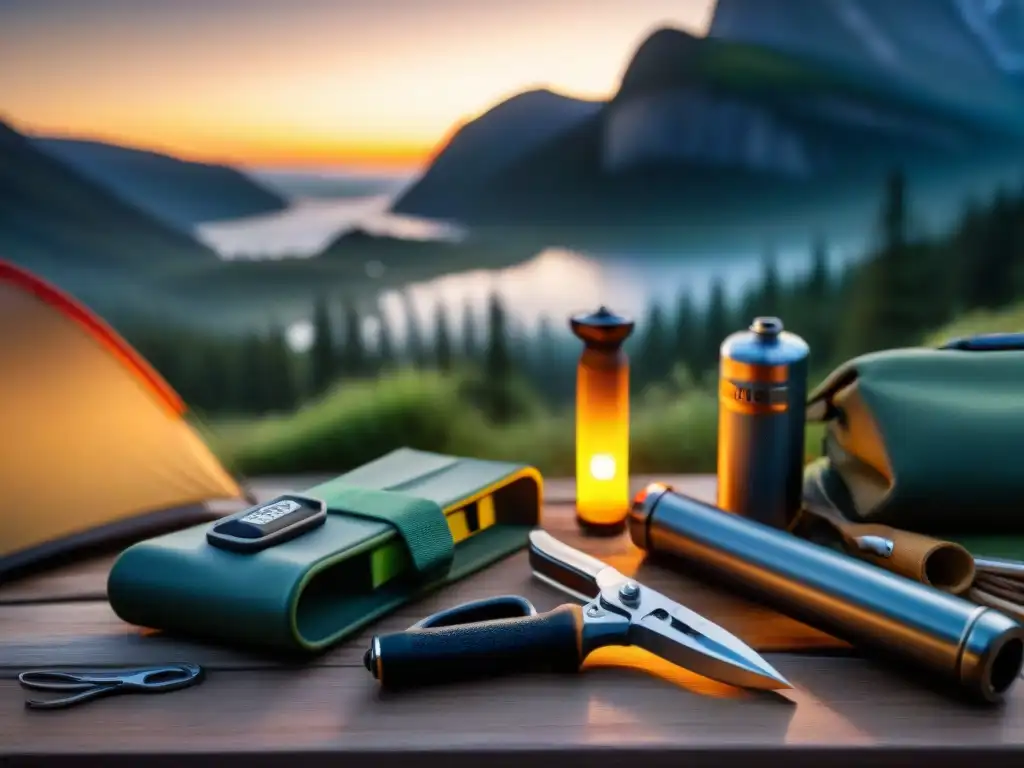 Kit de camping multifuncional: detalle y aventura al atardecer Detallada imagen de las mejores herramientas multifuncionales camping en atardecer de camping, evocando aventura y exploración
