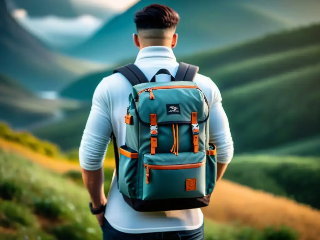 Mochila técnica premium para camping: detalles impresionantes Detallada imagen de una mochila técnica para camping de alta calidad, con costuras intrincadas y diseño funcional