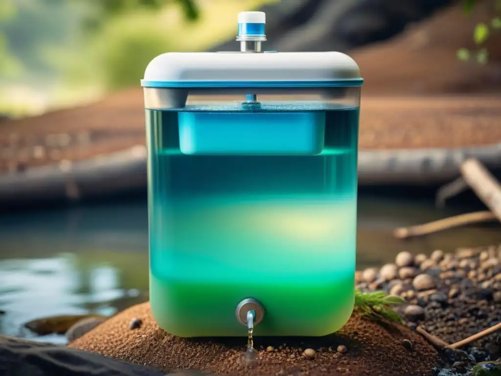 Proceso de purificación de agua: filtro casero en acción Detallada imagen de purificador agua portátil casero en acción, filtrando agua con claridad y precisión, ideal para exteriores