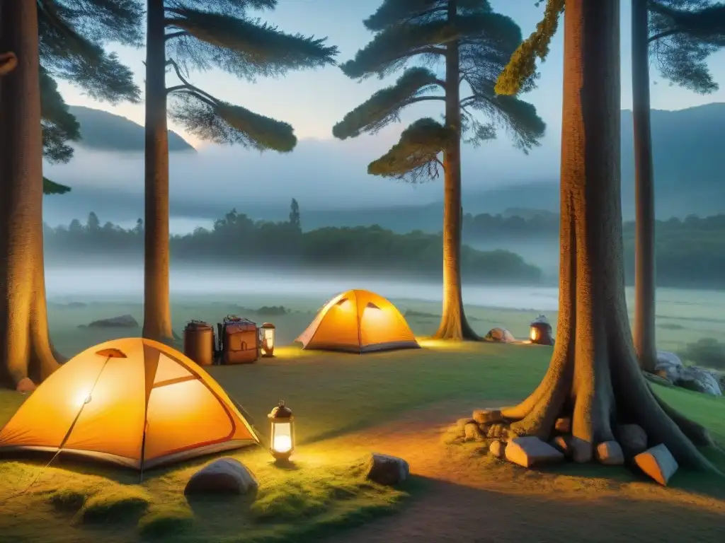 Escena nostálgica: Detalles vintage de una carpa de lona en Uruguay Detallada imagen de una tienda de lona vintage en un campamento en Uruguay con artefactos de camping antiguos, iluminada por la suave luz matutina