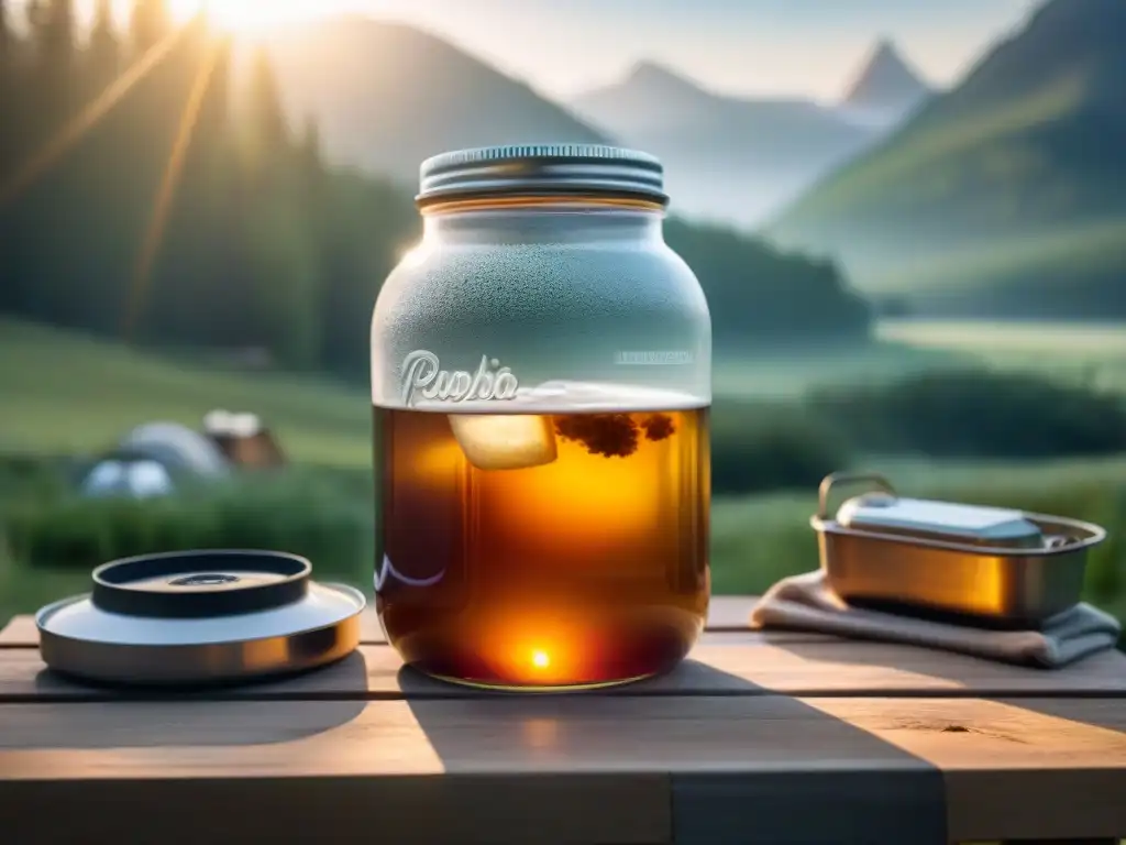 Proceso Detallado de Fermentación de Kombucha en Camping Detallada fermentación de kombucha en camping con jarra de té burbujeante bajo el sol