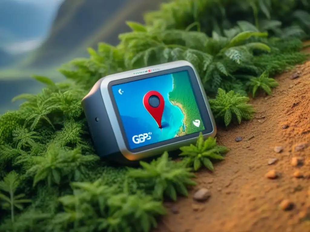 Exploración precisa: GPS con mapas topográficos detallados de Uruguay Un detallado GPS para camping en Uruguay mostrando mapas topográficos detallados con senderos resaltados en pantalla