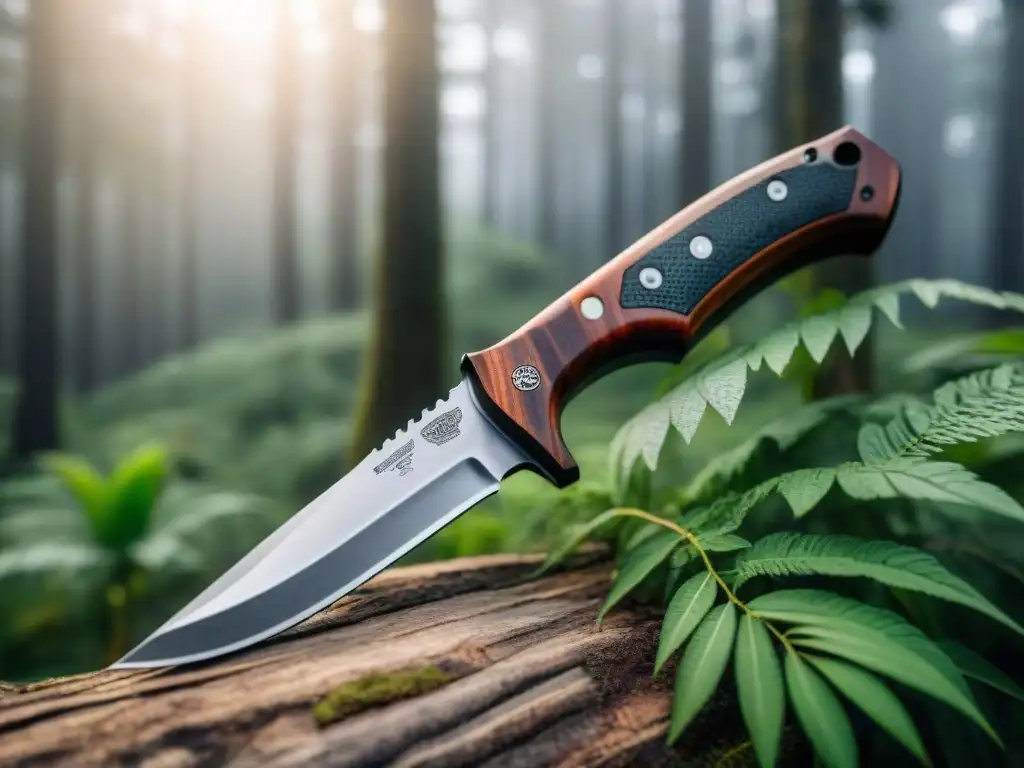 Navaja de supervivencia resistente en bosque de Uruguay Detallado cuchillo de supervivencia en un bosque verde de Uruguay