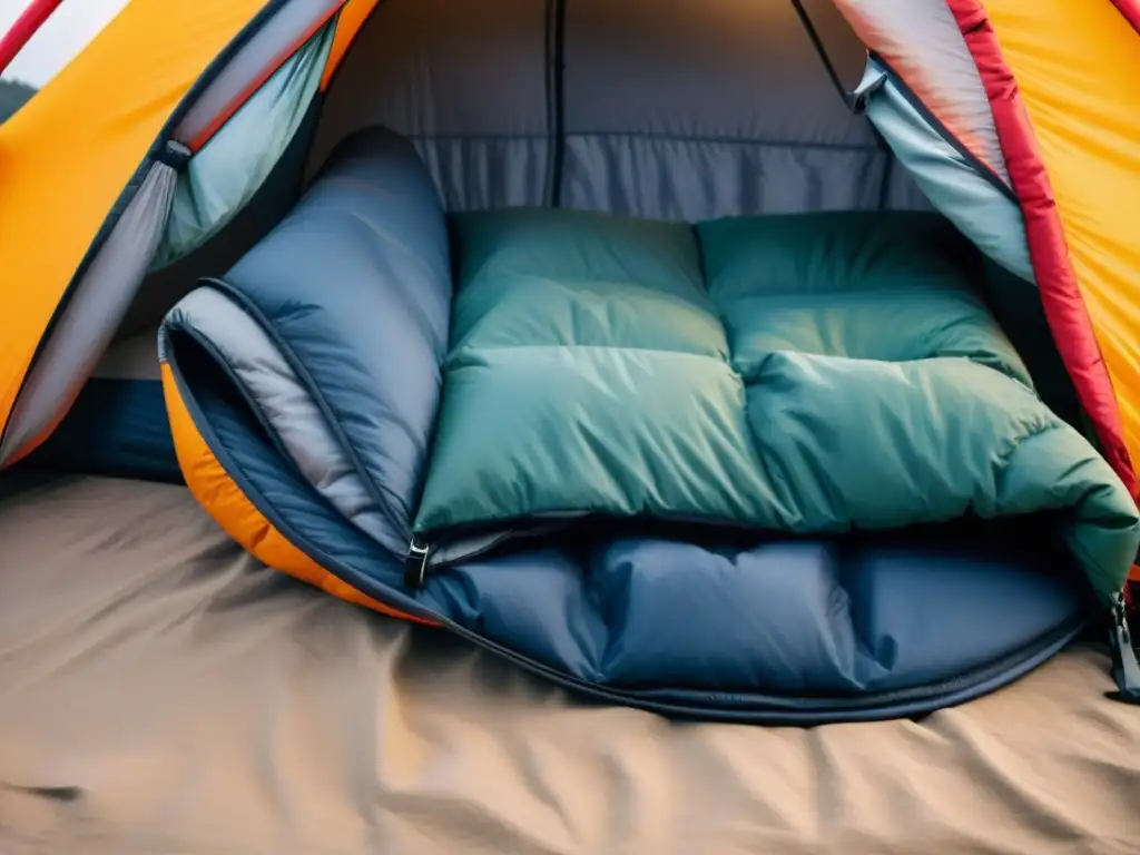Detalle excepcional: saco de dormir de alta calidad listo para usar Detalle de alta calidad de un saco de dormir descomprimido, listo para usar en camping