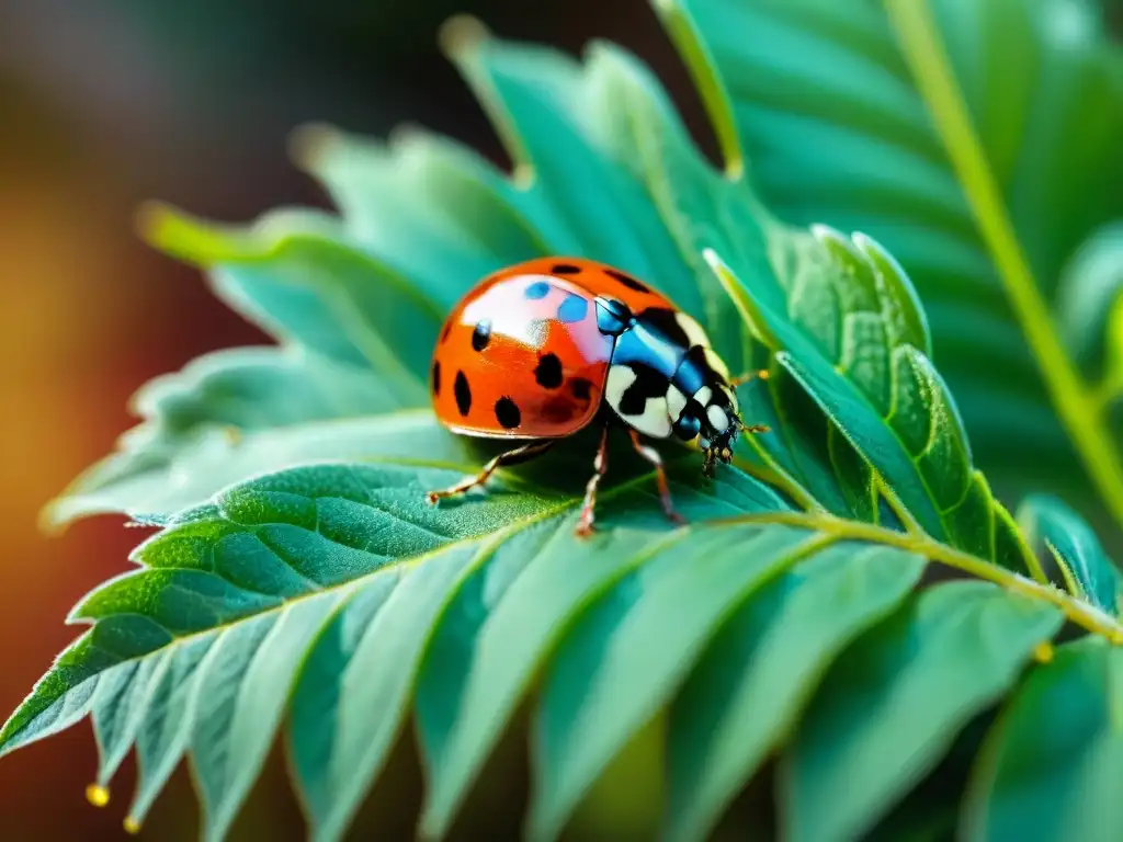 Detalle asombroso: mariquita roja en hoja verde vibrante Detalle asombroso: mariquita roja en hoja verde, alas abiertas, bajo luz solar