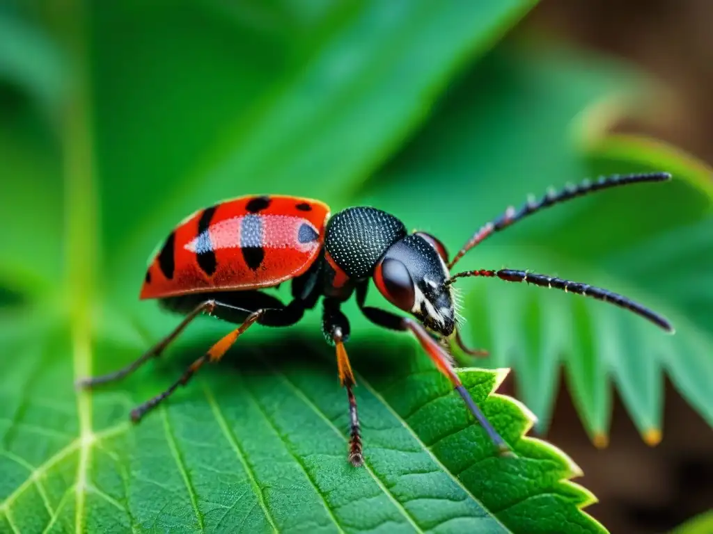 Detalles fascinantes: Hormiga de Terciopelo roja y negra en hoja de Uruguay Detalle asombroso de un Insecto de Uruguay para campistas: una hormiga terciopelo roja y negra en una hoja verde en un bosque exuberante