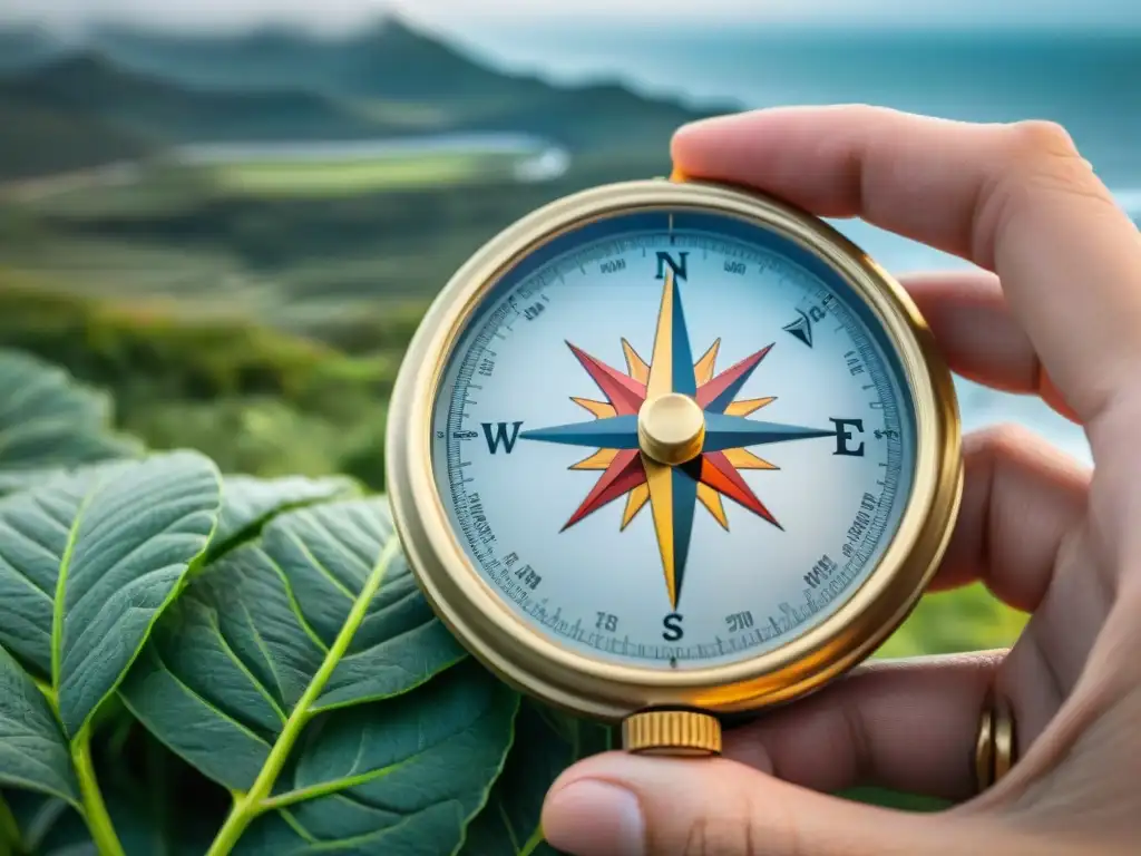 Brújula tradicional apuntando al norte en Uruguay Detalle de brújula tradicional apuntando al norte con paisaje uruguayo de fondo, comparativa brújulas digitales Uruguay