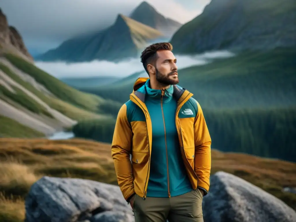 Chaqueta de camping premium: resistente y detallada Detalle de chaqueta de camping de calidad en paisaje montañoso