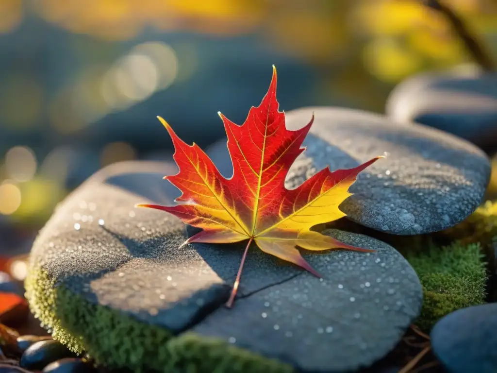 Hoja de arce rojo y dorado en el bosque uruguayo Detalle impresionante de hoja de arce roja y dorada sobre musgo en bosque uruguayo