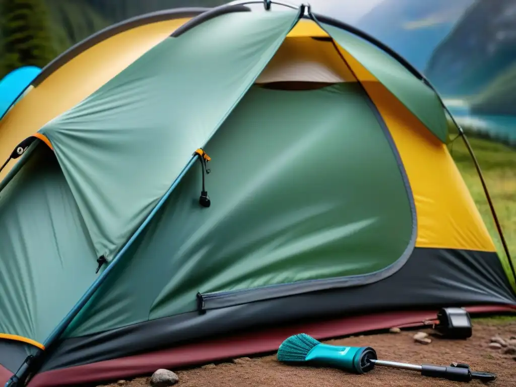 Mantenimiento profesional de tienda de campaña de alta gama Detalle meticuloso del cuidado de tienda de campaña alta gama en entorno natural sereno