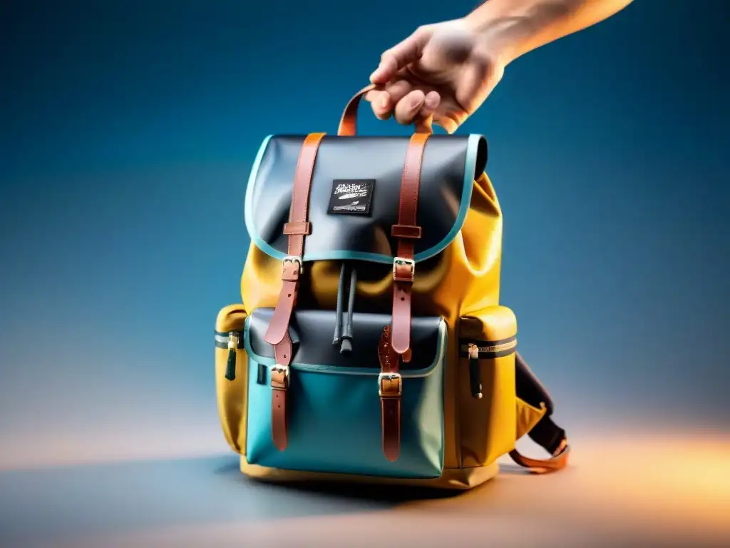 Detalle de mochila técnica impermeable de alta calidad con costuras detalladas y forro impermeable, gotas de agua resbalando