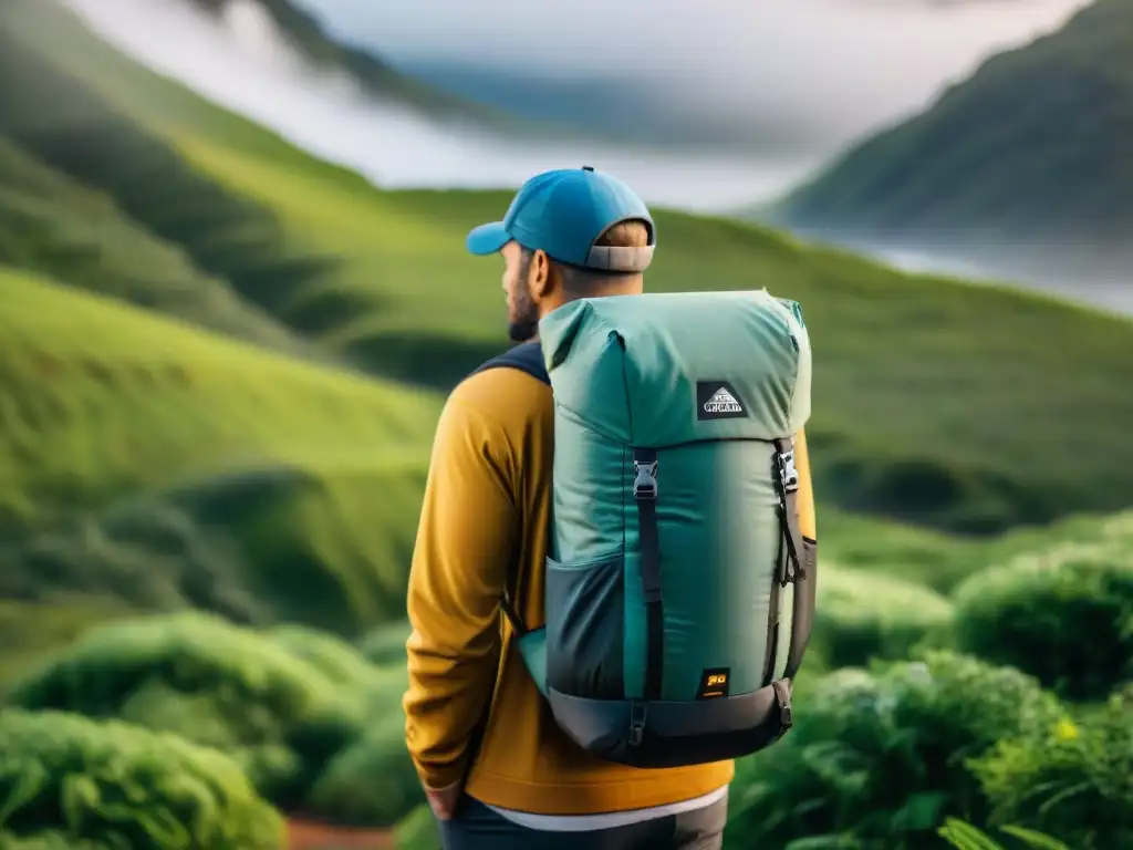 Mochila ultraligera de alta tecnología en entorno natural Detalle de mochila ultraligera en camping en Uruguay entre exuberante vegetación