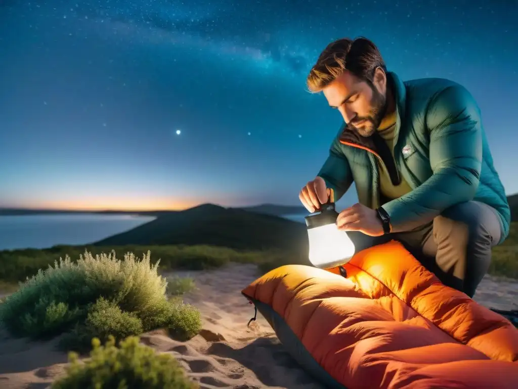 Inspección detallada de bolso de dormir: cuidado y calidad Detalle de persona inspeccionando meticulosamente saco de dormir de alta tecnología en camping en Uruguay