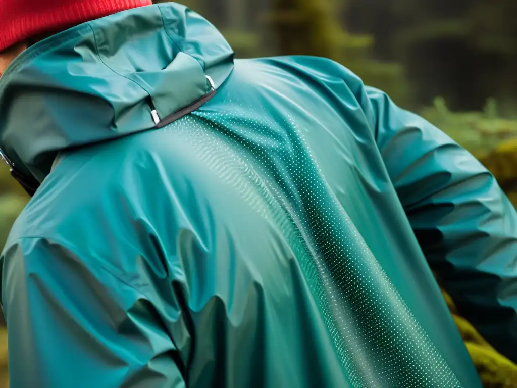 Detalles impermeables: gotas resbalando en chaqueta premium Detalle de alta resolución: gotas de lluvia resbalando en un impermeable premium, destacando la tecnología repelente al agua