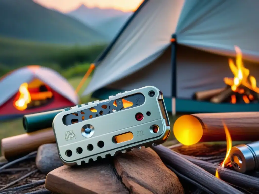 Navaja multitool de camping: detalle y resistencia en la naturaleza Detalle del versátil equipamiento camping Uruguay imprescindible, con cuchillo, tijeras, destornillador y abridor, en ambiente cálido y natural