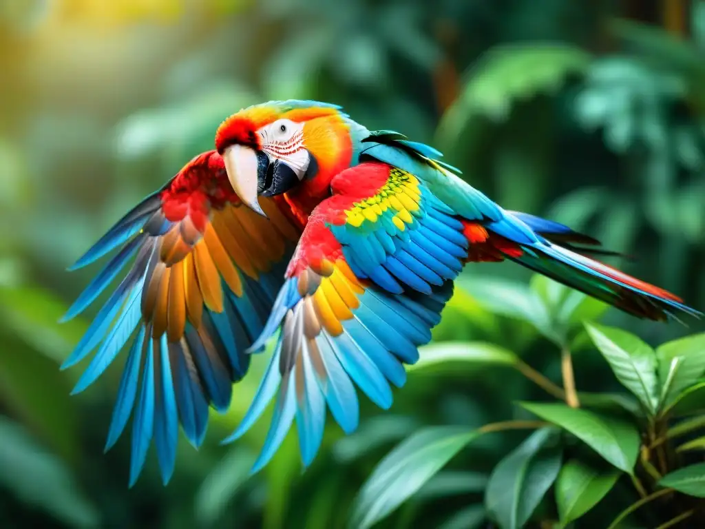 Detalles vibrantes del Guacamayo Escarlata en vuelo Detalle vibrante de un Guacamayo Escarlata en vuelo en la selva tropical, ideal para Observación de aves en Uruguay