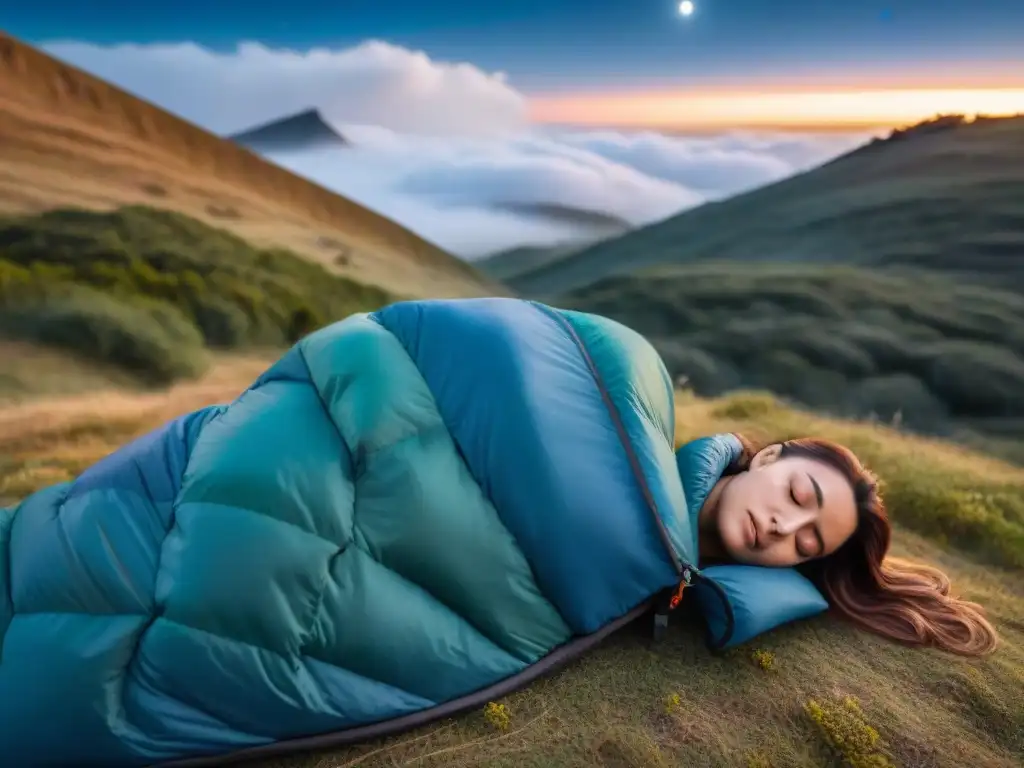 Sleeping bag de alta calidad bajo las estrellas en Uruguay Detalles de una bolsa de dormir de alta calidad siendo cerrada bajo el cielo estrellado en Uruguay, ideal para acampar