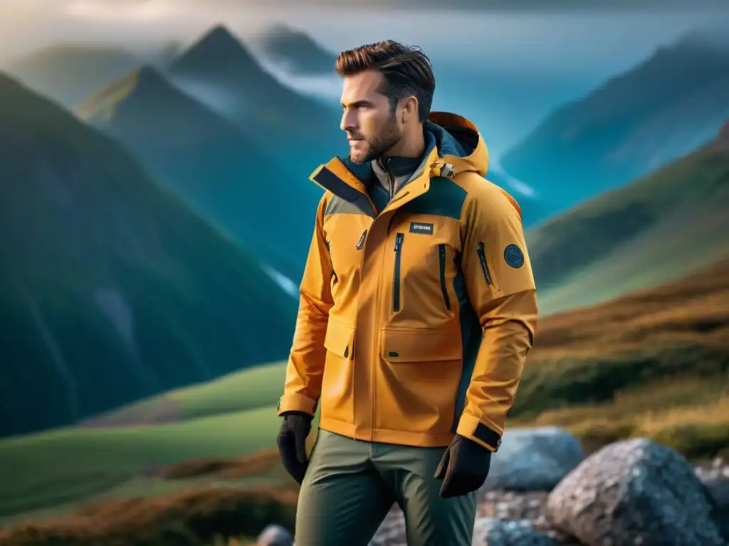 Chaqueta de camping GoreTex premium en la montaña Detalles de una chaqueta de camping GoreTex de calidad en montaña al amanecer