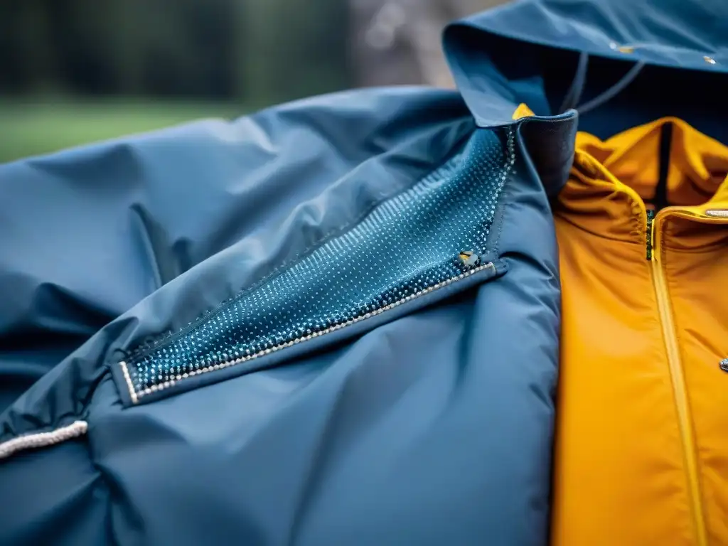 Costura impermeable detallada en chaqueta de camping Detalles de costura impermeable en chaqueta de camping resistente a la intemperie