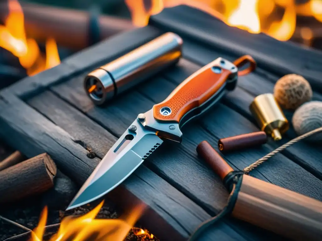 Detalles de resistencia: navaja multitool en entorno natural Detalles desgastados de una navaja multiusos en un campamento con fogata