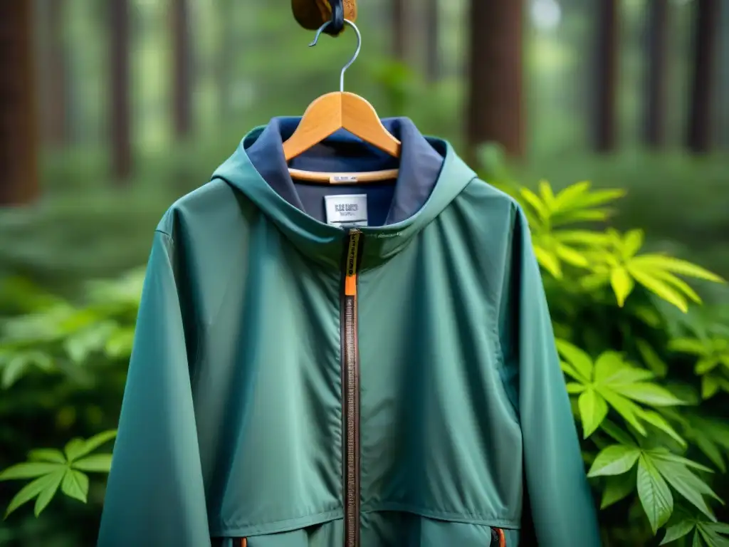 Chaqueta técnica eco-friendly en bosque Detalles exclusivos de una chaqueta técnica sostenible en un bosque