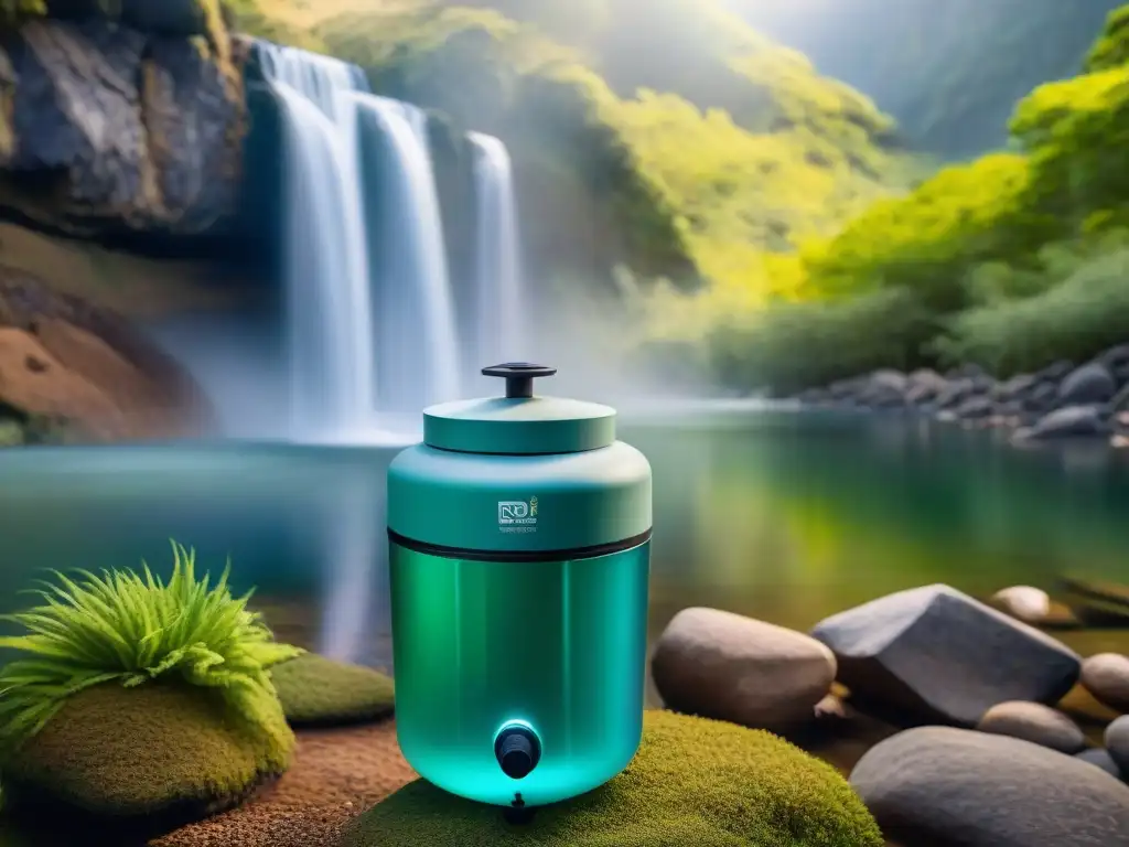 Innovador sistema de filtración de agua en la naturaleza Detalles de filtros de agua para camping en entorno natural, flujo de agua puro y tecnología innovadora en armonía ambiental
