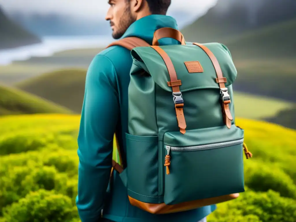 Detalles finos de mochila técnica impermeable, resistente a lluvia en Uruguay, con entorno de camping verde