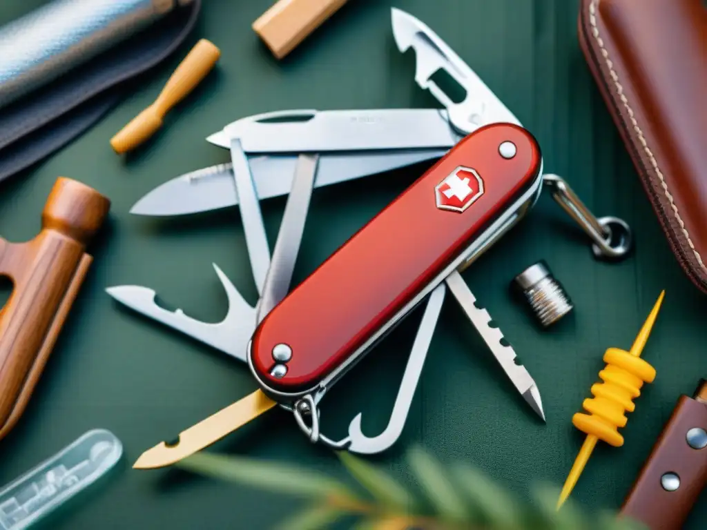 Navaja suiza multifuncional: herramienta esencial para acampar en Uruguay Detalles del mejor multiusos camping en Uruguay: cuchillas, destornilladores y tijeras, con fondo de camping y bosque