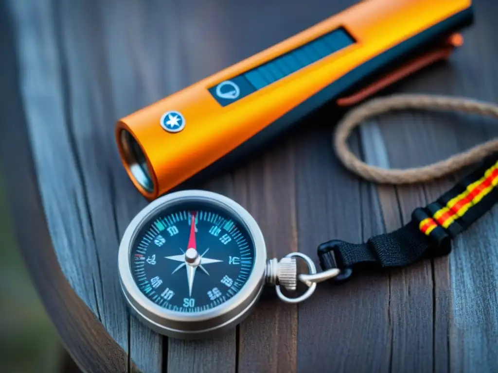 Equipo de supervivencia detallado en madera rustica Detalles nítidos de silbato, brújula, espejo y panel señalización, listos para señalizar ayuda perdido acampando Uruguay