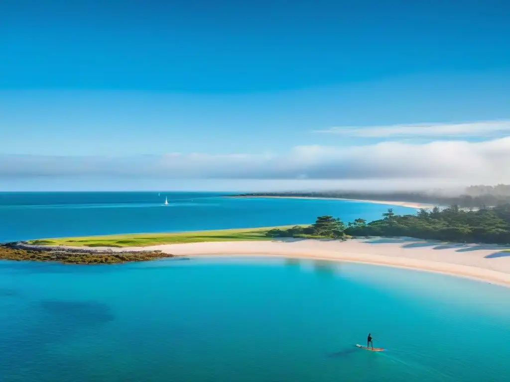 Tranquilidad en Playa de Punta del Este, Uruguay Un día perfecto para hacer paddleboarding en Uruguay: aguas turquesas, palmeras y un remador en Punta del Este