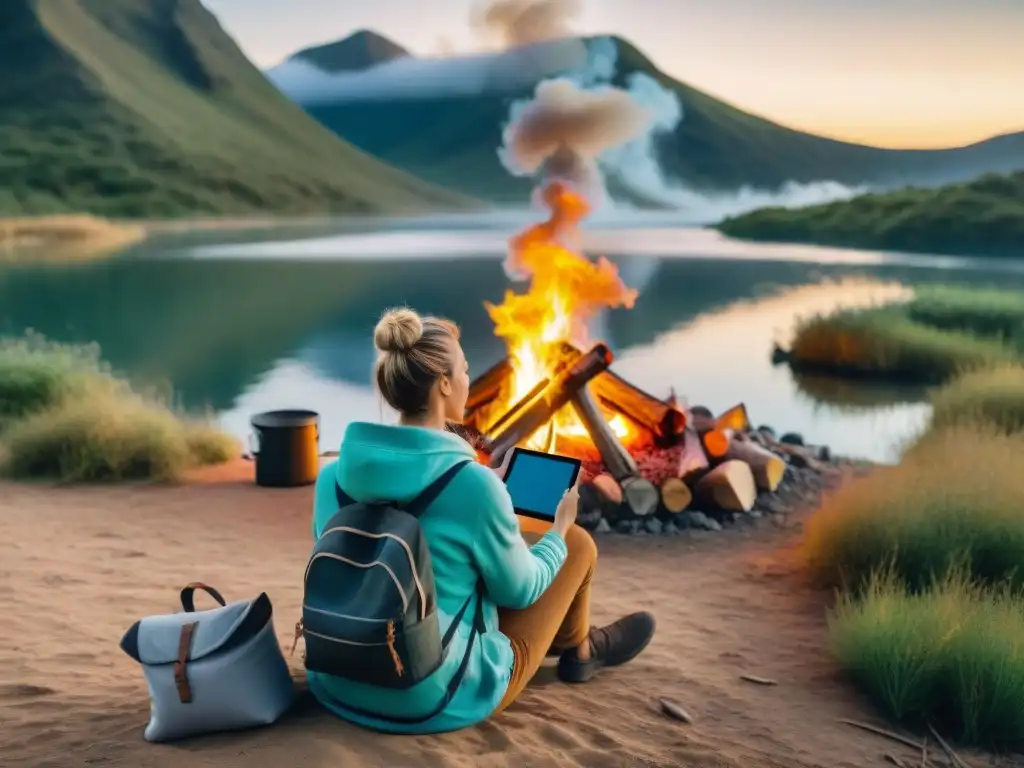 Nomada digital en Uruguay: tecnología y naturaleza fusionadas Un digital nomad disfruta de un camping digital en Uruguay, rodeado de naturaleza y tecnología junto a una hoguera acogedora