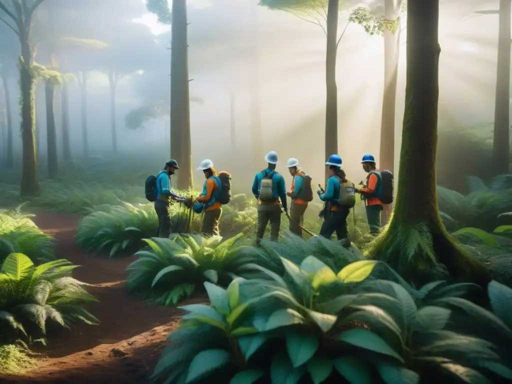 Voluntarios conservacionistas trabajando en equipo en un bosque de Uruguay Voluntariado conservación naturaleza Uruguay: Grupo diverso de voluntarios trabajando en un bosque exuberante