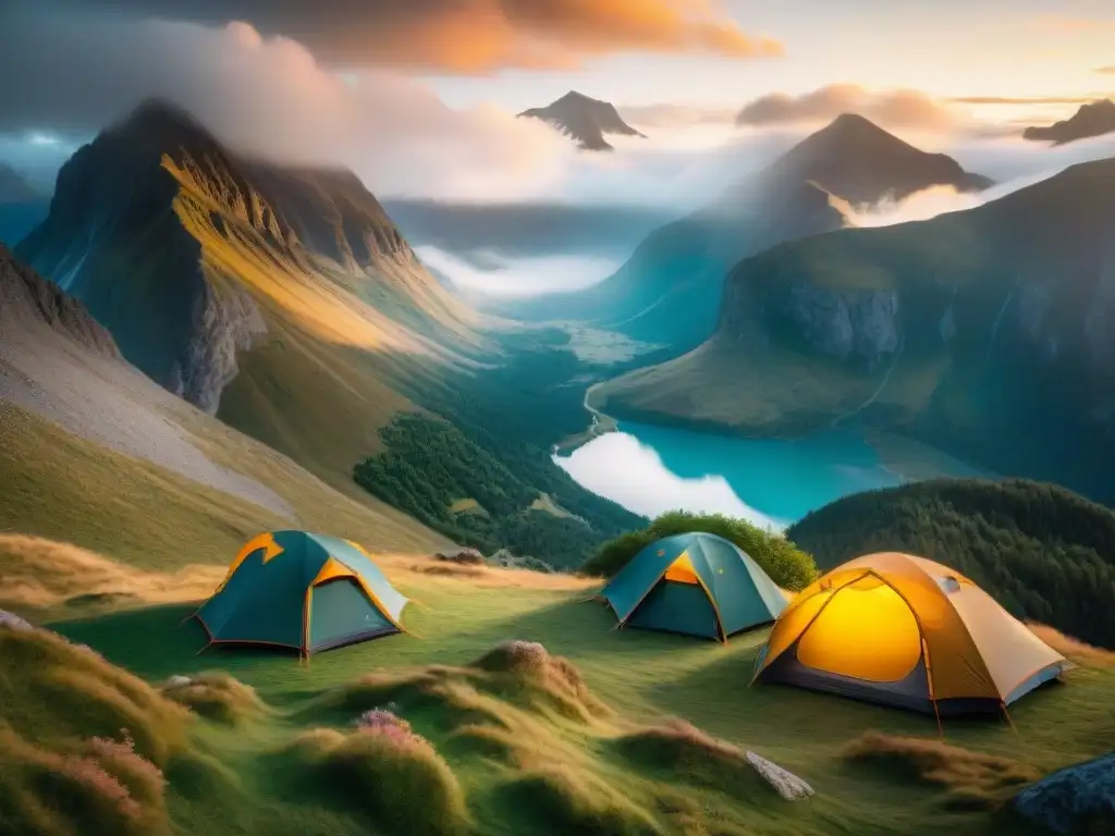 Acampando en la cima: lujo y aventura al amanecer Amanecer dorado sobre tiendas de campaña alta gama en paisaje montañoso
