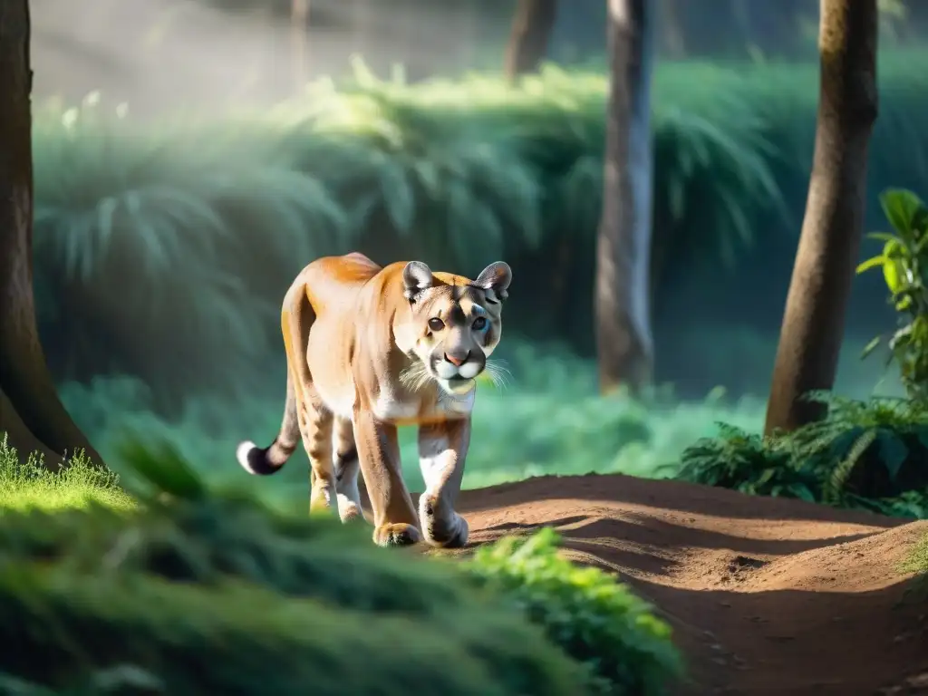 Esplendoroso Puma en Bosque Verde de Uruguay Puma dorado en bosque uruguayo, conservación fauna uruguaya zonas, elegancia en movimiento