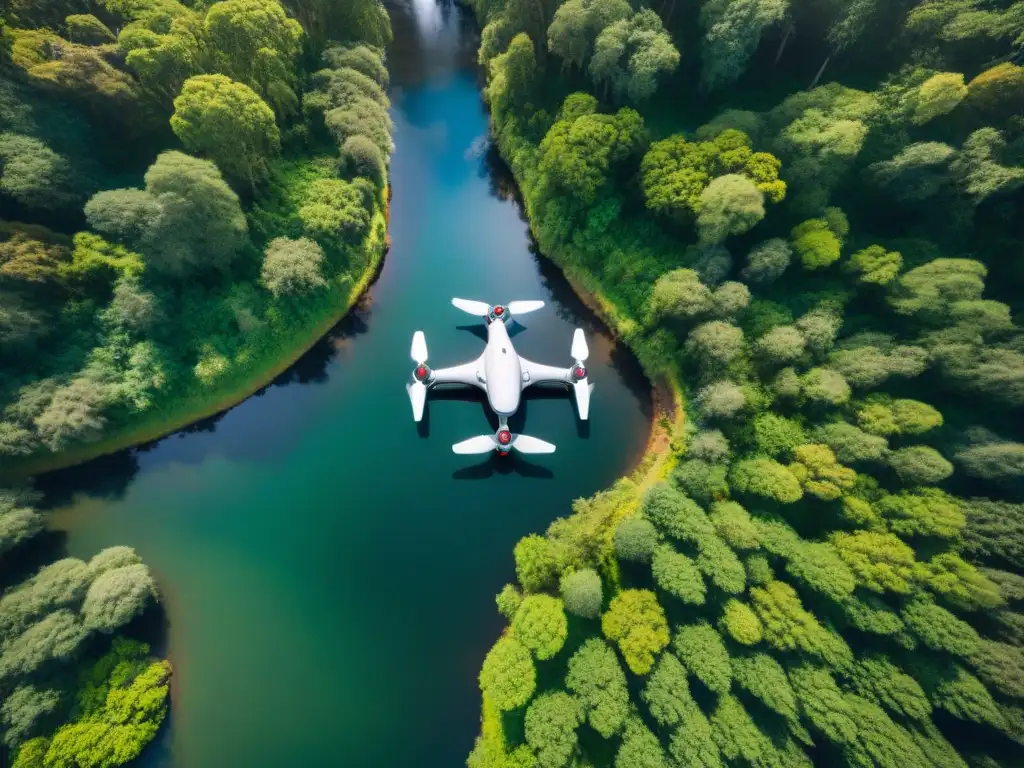 Exploración aérea: drone hightech sobre bosque en Uruguay Un dron de alta tecnología sobrevolando bosques verdes en Uruguay