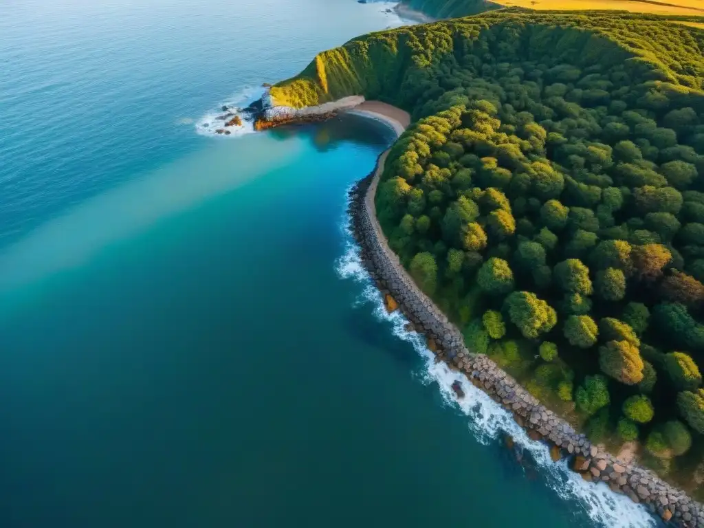 Dron sobrevolando la costa de Uruguay al atardecer, ideal para fotografía de paisajes