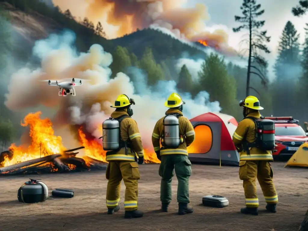 Prevención de incendios en camping: bomberos con drones térmicos Brave firefighters using drones equipped with thermal cameras to prevent wildfires in a camping area