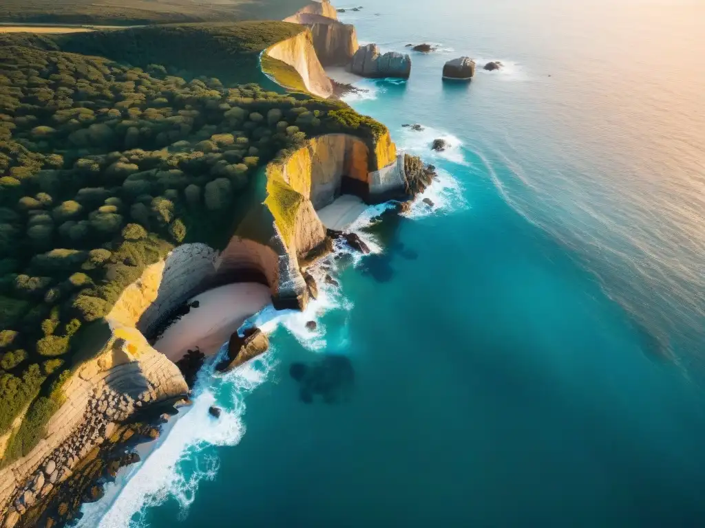Drones para fotografía de paisajes en Uruguay: Costa uruguaya al atardecer, acantilados y mar turquesa bajo la luz dorada