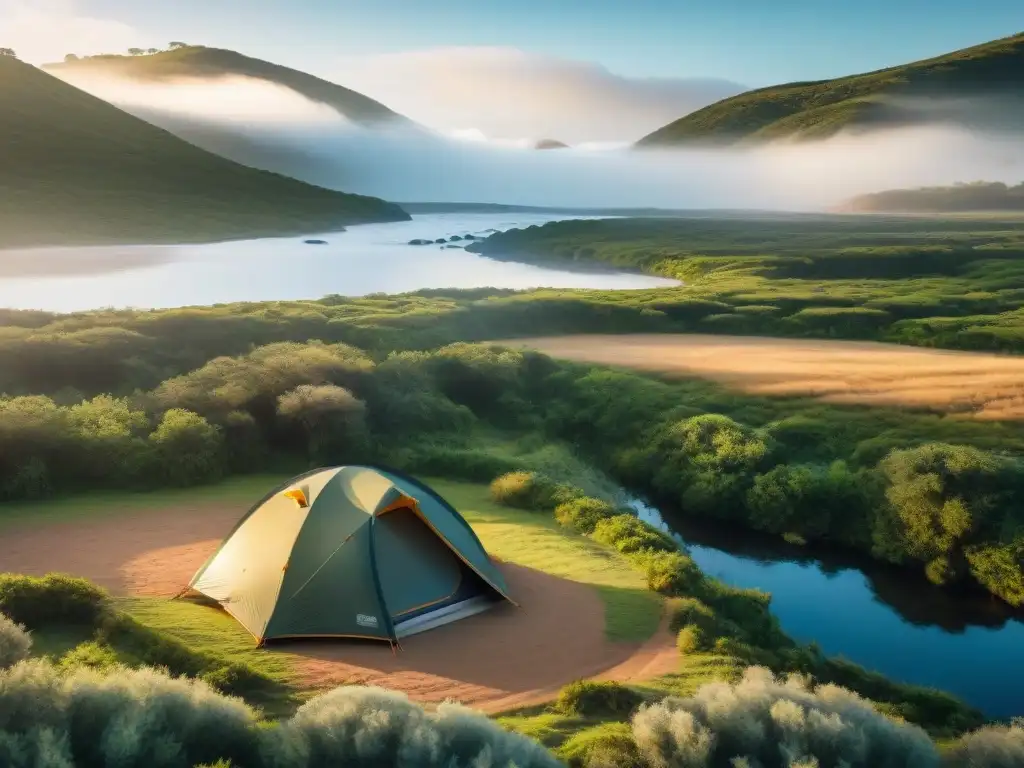 Escenario ecofriendly: campamento sereno en Uruguay Escena eco en camping: tienda minimalista en Uruguay, rodeada de vegetación, arroyo y atardecer dorado